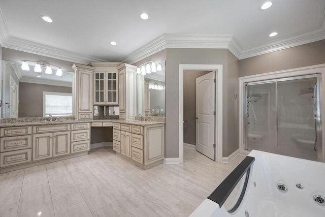 5820 Trion Teloga Rd, Summerville, GA 30747 - full bathroom featuring vanity, crown molding, a tub with jets, recessed lighting, and a shower stall