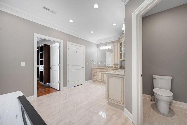 5820 Trion Teloga Rd, Summerville, GA 30747 - bathroom with vanity, toilet, recessed lighting, ornamental molding, and baseboards