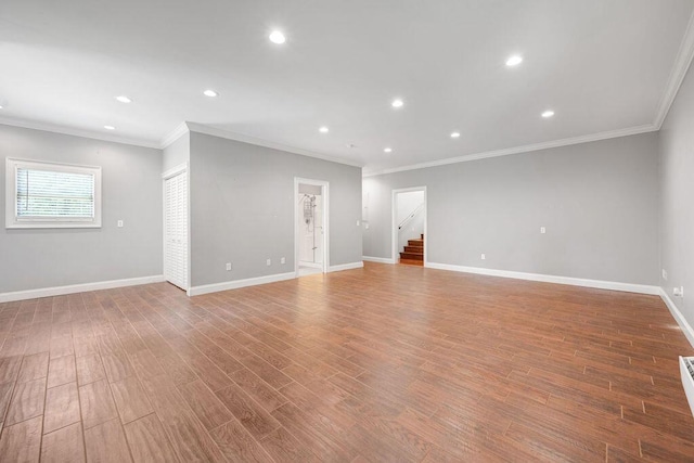 5820 Trion Teloga Rd, Summerville, GA 30747 - spare room with stairs, crown molding, baseboards, recessed lighting, and wood finished floors