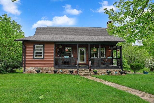 4306 Fredonia Rd, Dunlap, TN 37327 - view of front of property with a porch, a chimney, a front lawn, roof with shingles, and faux log siding