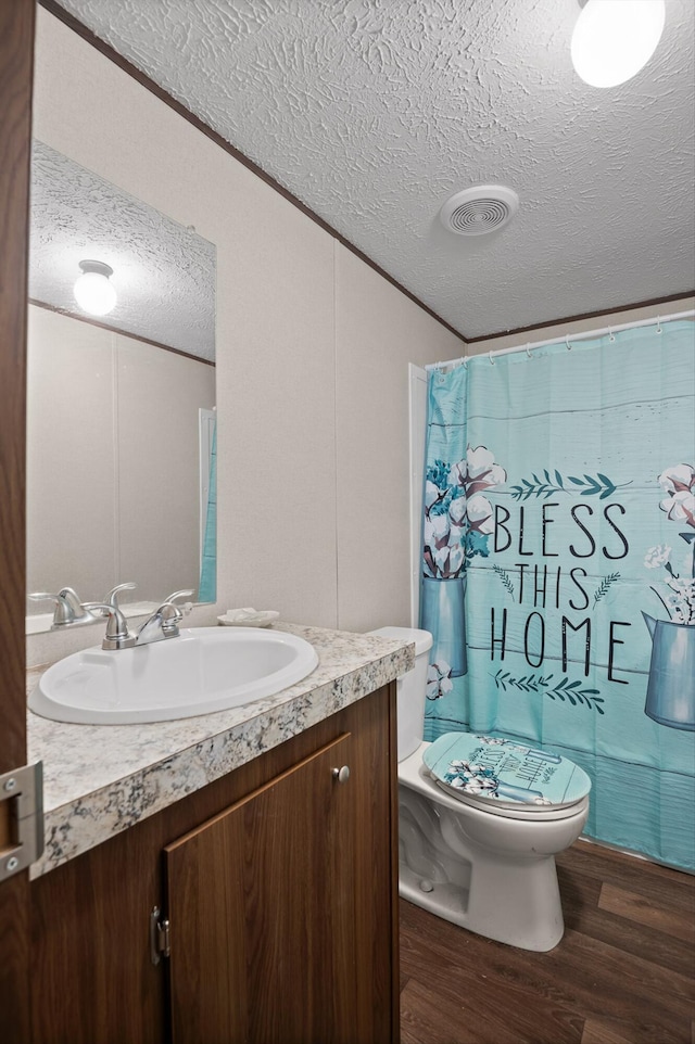 934 Holly Glen Ln, Decatur, TN 37322 - bathroom featuring a textured ceiling, toilet, wood finished floors, vanity, and curtained shower
