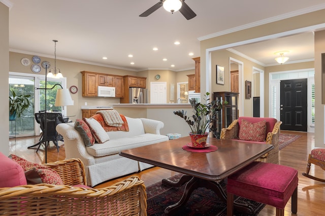 6063 Heritage Ridge Dr, Hixson, TN 37343 - living area with a ceiling fan, recessed lighting, light wood-style floors, and crown molding