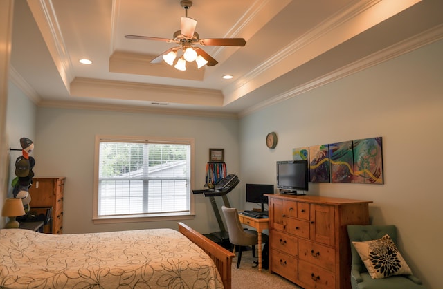 1008 Grey Oaks Ln, Chattanooga, TN 37421 - bedroom featuring a raised ceiling, an office area, light colored carpet, ornamental molding, and a ceiling fan