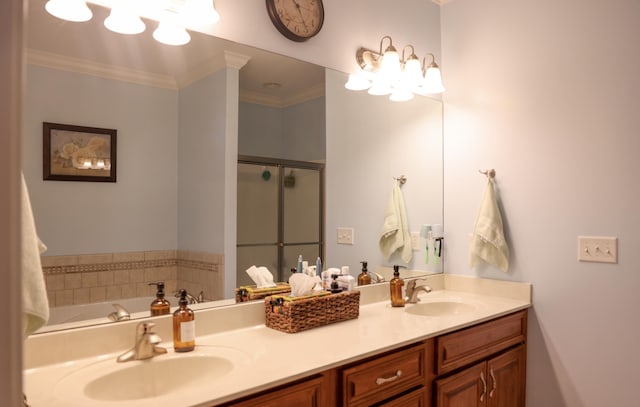 1008 Grey Oaks Ln, Chattanooga, TN 37421 - bathroom featuring double vanity, crown molding, a stall shower, and a garden tub