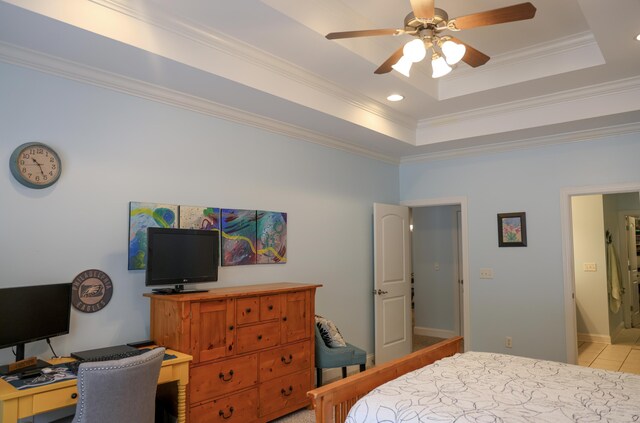 1008 Grey Oaks Ln, Chattanooga, TN 37421 - bedroom with ornamental molding, a desk, a tray ceiling, recessed lighting, and light tile patterned flooring