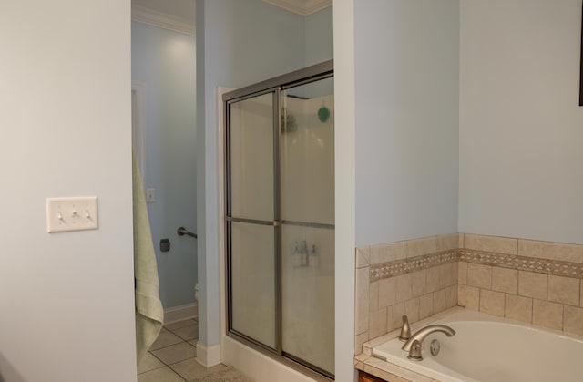 1008 Grey Oaks Ln, Chattanooga, TN 37421 - bathroom featuring a shower stall, a garden tub, crown molding, tile patterned floors, and toilet