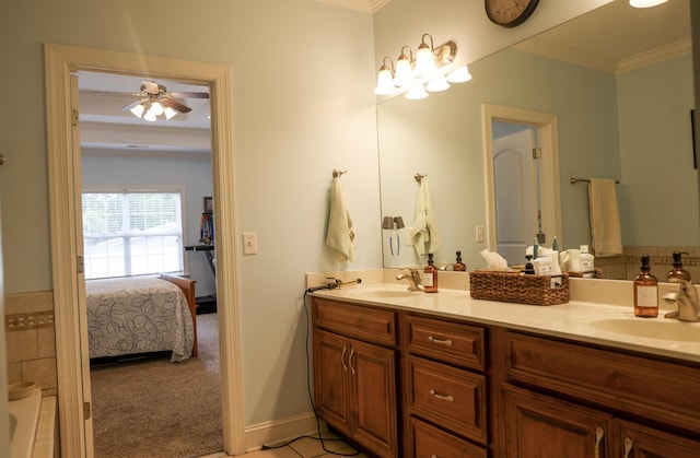 1008 Grey Oaks Ln, Chattanooga, TN 37421 - full bathroom with crown molding, double vanity, ensuite bath, ceiling fan, and a tub to relax in