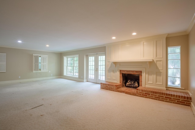 302 Brookwood Ln, Lafayette, GA 30728 - unfurnished living room with ornamental molding, baseboards, a fireplace, light colored carpet, and recessed lighting