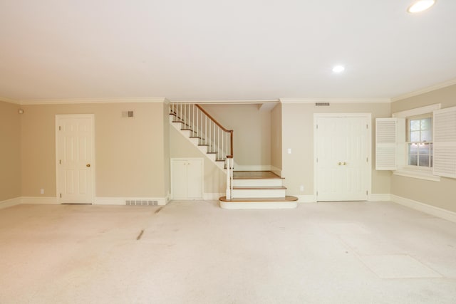 302 Brookwood Ln, Lafayette, GA 30728 - basement featuring stairs, light colored carpet, ornamental molding, baseboards, and recessed lighting