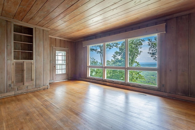 1613 Fairy Dell Trl, Lookout Mountain, GA 30750 - spare room featuring wooden ceiling, wood walls, light wood-style flooring, built in shelves, and a water view