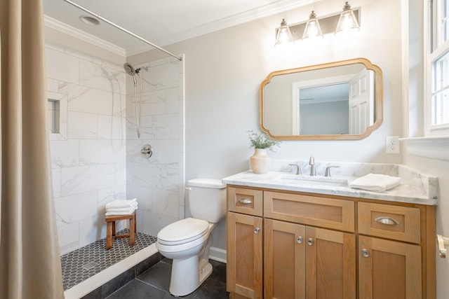 5873 Old Dayton Pike, Chattanooga, TN 37415 - full bath featuring toilet, ornamental molding, a tile shower, vanity, and tile patterned flooring