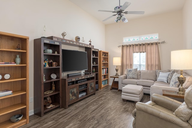6245 Heritage Ridge Dr, Hixson, TN 37343 - living room with dark wood finished floors, a ceiling fan, baseboards, and high vaulted ceiling