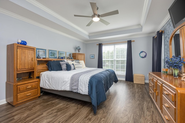 6245 Heritage Ridge Dr, Hixson, TN 37343 - bedroom featuring a tray ceiling, dark wood-style flooring, ornamental molding, baseboards, and ceiling fan