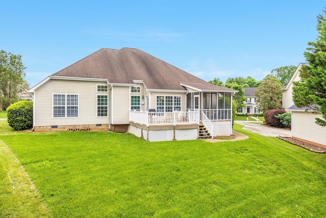 6245 Heritage Ridge Dr, Hixson, TN 37343 - rear view of house featuring crawl space, a sunroom, a lawn, roof with shingles, and a wooden deck