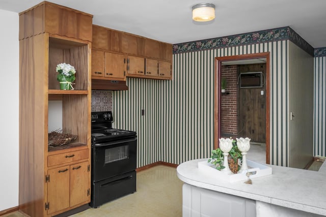 7750 Vista Hills Dr, Chattanooga, TN 37416 - kitchen with black / electric stove, under cabinet range hood, light countertops, baseboards, and wallpapered walls