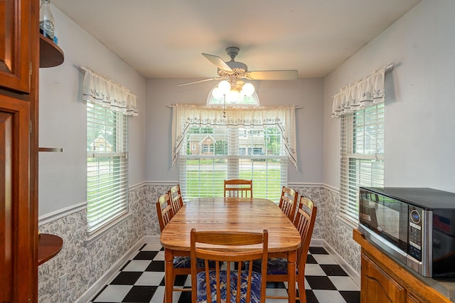 2418 Charleston Sq, Chattanooga, TN 37421 - dining space featuring tile patterned floors, healthy amount of natural light, ceiling fan, wainscoting, and wallpapered walls
