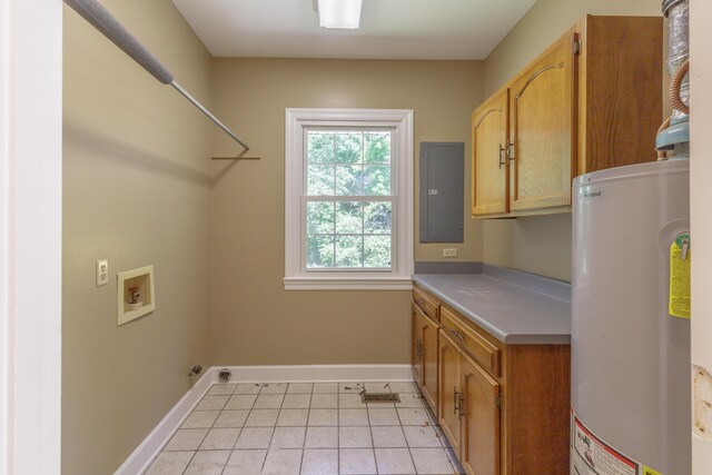 7902 Ooltewah Georgetown Rd, Ooltewah, TN 37363 - laundry area featuring water heater, electric panel, baseboards, hookup for a washing machine, and light tile patterned floors