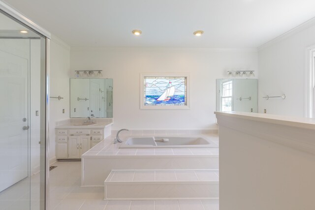 7902 Ooltewah Georgetown Rd, Ooltewah, TN 37363 - full bath featuring vanity, a garden tub, crown molding, tile patterned floors, and a shower stall