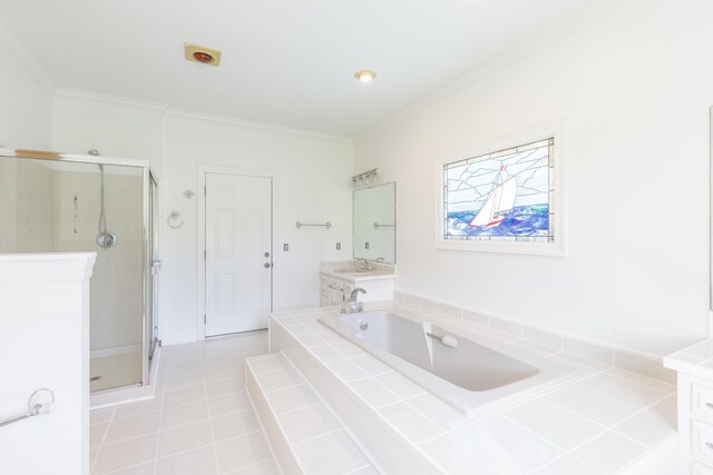7902 Ooltewah Georgetown Rd, Ooltewah, TN 37363 - full bathroom with vanity, crown molding, a stall shower, a garden tub, and tile patterned flooring