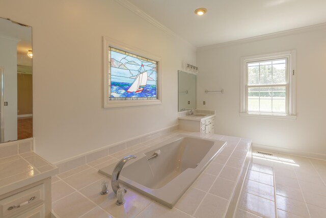 7902 Ooltewah Georgetown Rd, Ooltewah, TN 37363 - bathroom with crown molding, vanity, a garden tub, and tile patterned floors
