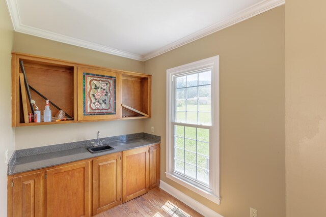 7902 Ooltewah Georgetown Rd, Ooltewah, TN 37363 - indoor wet bar with plenty of natural light, crown molding, light wood-style flooring, and baseboards