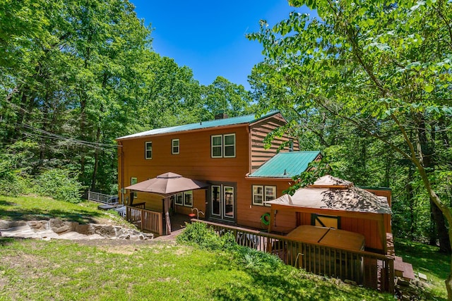 821 Ravine Rd, Signal Mountain, TN 37377 - back of property featuring a gazebo, metal roof, and a wooden deck
