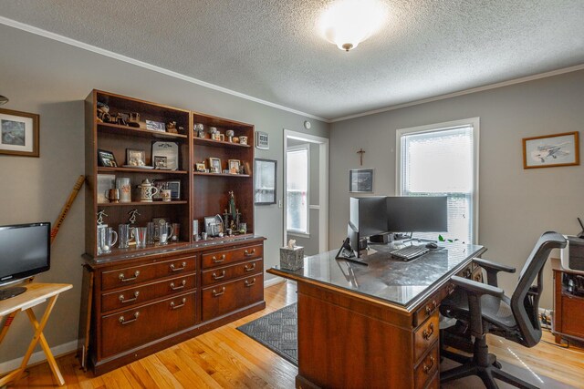 821 Ravine Rd, Signal Mountain, TN 37377 - home office with a textured ceiling, light wood-style floors, ornamental molding, and baseboards