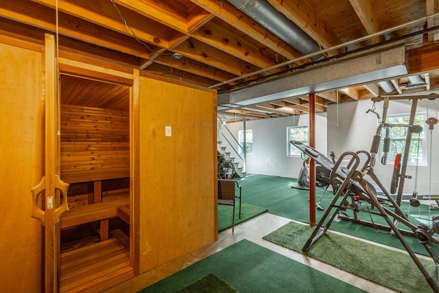 821 Ravine Rd, Signal Mountain, TN 37377 - basement featuring concrete block wall and stairway