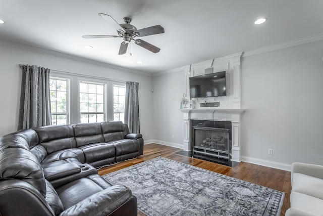 7531 Nightfall Cir, Ooltewah, TN 37363 - living room with ceiling fan, a fireplace with flush hearth, ornamental molding, dark wood-style flooring, and baseboards