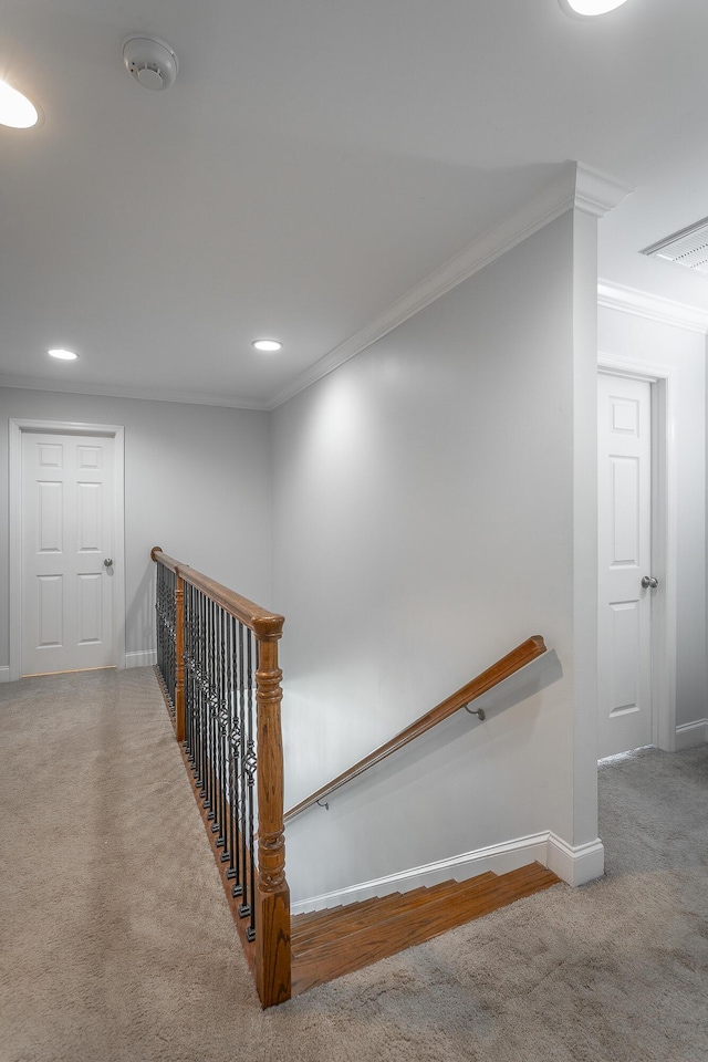 7531 Nightfall Cir, Ooltewah, TN 37363 - stairway featuring crown molding, baseboards, recessed lighting, and carpet flooring