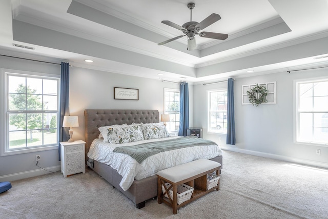 7531 Nightfall Cir, Ooltewah, TN 37363 - bedroom featuring crown molding, a raised ceiling, carpet flooring, baseboards, and a ceiling fan