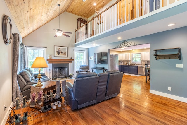 2217 Sr 399, Palmer, TN 37365 - living area with light wood-style flooring, wooden ceiling, ceiling fan, plenty of natural light, and high vaulted ceiling