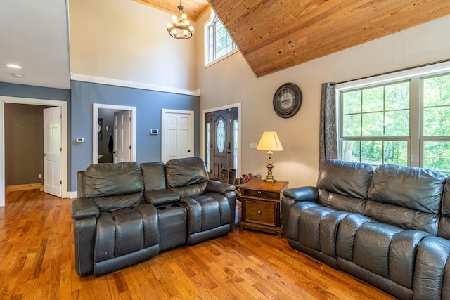 2217 Sr 399, Palmer, TN 37365 - living area with light wood finished floors, a chandelier, wooden ceiling, high vaulted ceiling, and baseboards