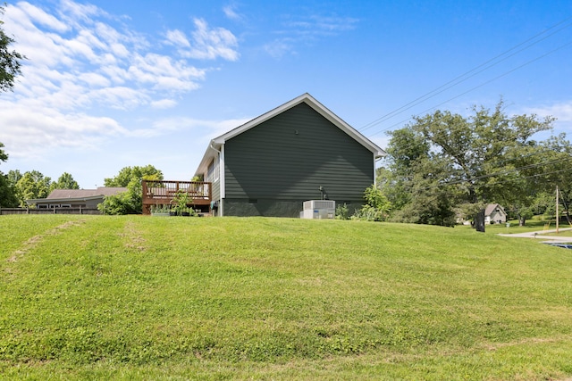 9503 Weidner Ln, Ooltewah, TN 37363 - view of side of home with a wooden deck, cooling unit, a lawn, and crawl space