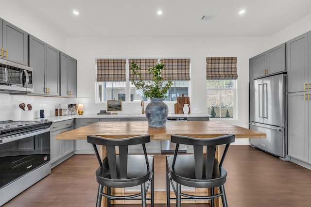 135 Peerless Ave Unit 120, Chattanooga, TN 37405 - kitchen with stainless steel appliances, gray cabinets, recessed lighting, a kitchen breakfast bar, and light countertops
