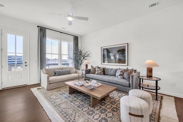 135 Peerless Ave Unit 120, Chattanooga, TN 37405 - living room featuring dark wood-style flooring, ceiling fan, and baseboards