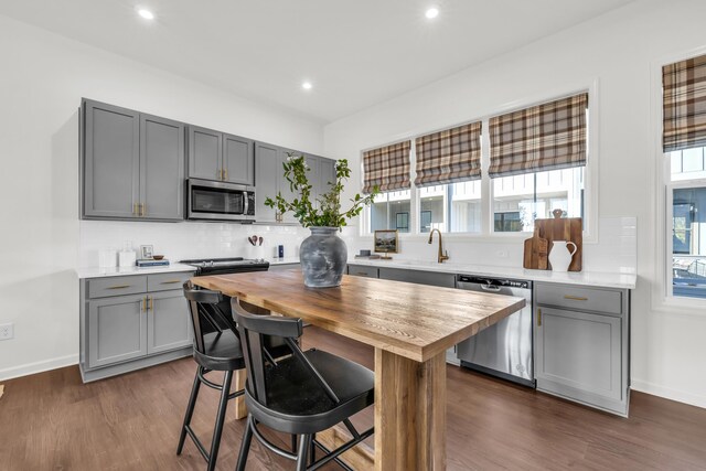 135 Peerless Ave Unit 120, Chattanooga, TN 37405 - kitchen with stainless steel appliances, gray cabinetry, tasteful backsplash, dark wood-type flooring, and recessed lighting