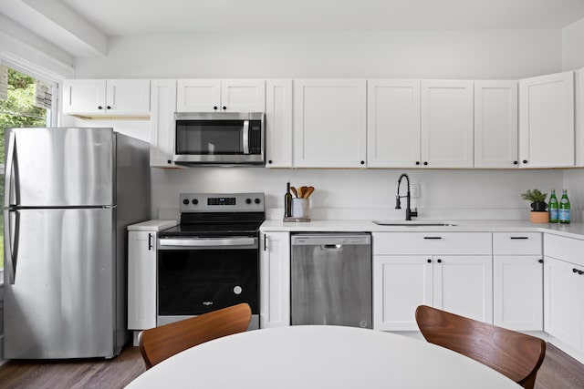 2806 N Chamberlain Ave, Chattanooga, TN 37406 - kitchen featuring stainless steel appliances, white cabinets, light countertops, and dark wood-style floors