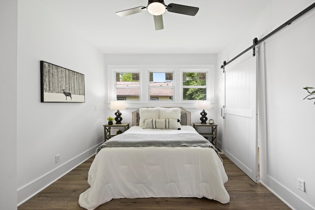 2806 N Chamberlain Ave, Chattanooga, TN 37406 - bedroom featuring a barn door, dark wood-type flooring, and a ceiling fan