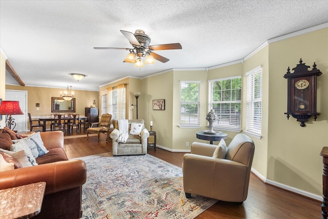 8719 Glenaire Dr, Chattanooga, TN 37416 - living room with a ceiling fan, wood finished floors, a textured ceiling, ornamental molding, and a chandelier