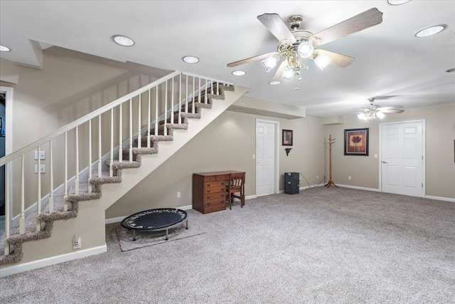 8719 Glenaire Dr, Chattanooga, TN 37416 - unfurnished living room featuring carpet flooring, baseboards, stairs, a ceiling fan, and recessed lighting
