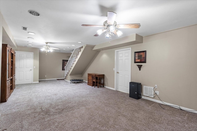 8719 Glenaire Dr, Chattanooga, TN 37416 - basement with a ceiling fan, carpet flooring, stairway, baseboards, and recessed lighting