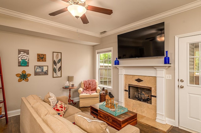 6721 Brianna Way, Chattanooga, TN 37421 - living room featuring ornamental molding, baseboards, ceiling fan, a high end fireplace, and dark wood-style floors