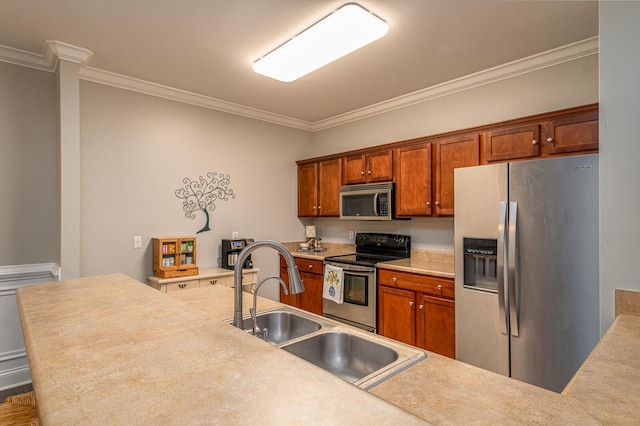 6721 Brianna Way, Chattanooga, TN 37421 - kitchen with stainless steel appliances, ornamental molding, a sink, brown cabinets, and light countertops