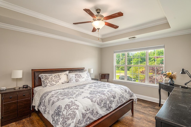 6721 Brianna Way, Chattanooga, TN 37421 - bedroom with dark wood-style floors, crown molding, baseboards, a tray ceiling, and a ceiling fan