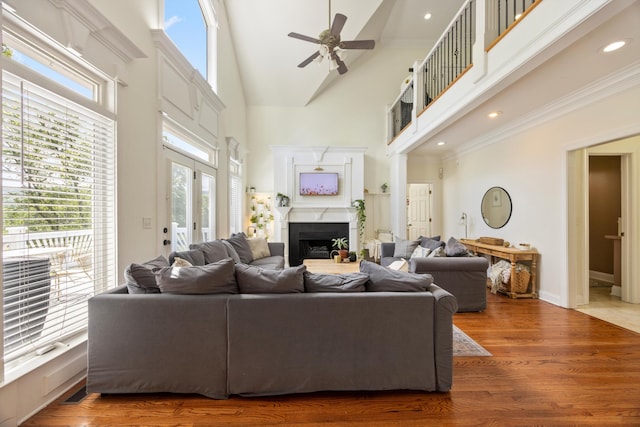 649 Wisley Way, Ringgold, GA 30736 - living area with a towering ceiling, a ceiling fan, a fireplace, wood finished floors, and recessed lighting