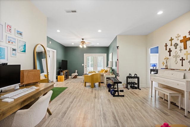 649 Wisley Way, Ringgold, GA 30736 - living room with light wood-style flooring, a desk, recessed lighting, and a ceiling fan