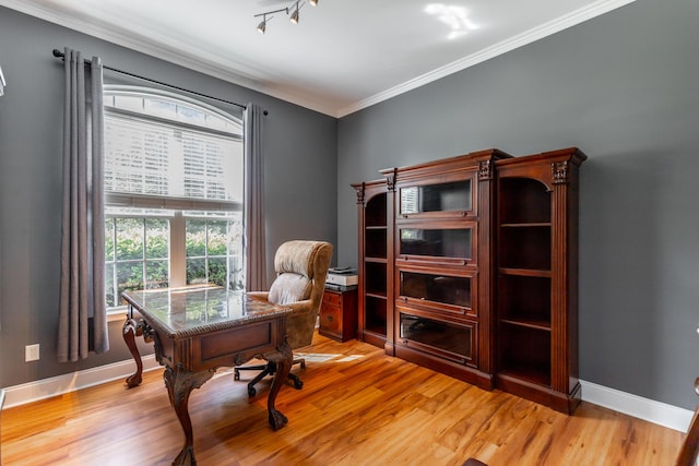 9923 Sims Harris Rd, Ooltewah, TN 37363 - office area featuring light wood-type flooring, baseboards, and ornamental molding