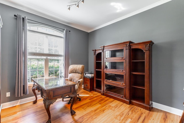 9923 Sims Harris Rd, Ooltewah, TN 37363 - home office featuring light wood finished floors, ornamental molding, track lighting, and baseboards