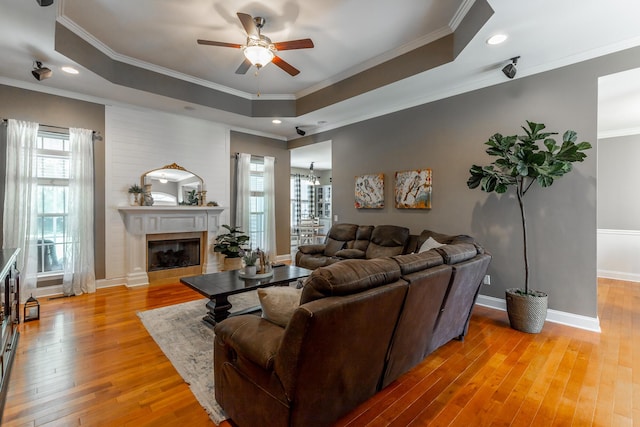 9923 Sims Harris Rd, Ooltewah, TN 37363 - living area with a tray ceiling, a ceiling fan, light wood-type flooring, ornamental molding, and a fireplace